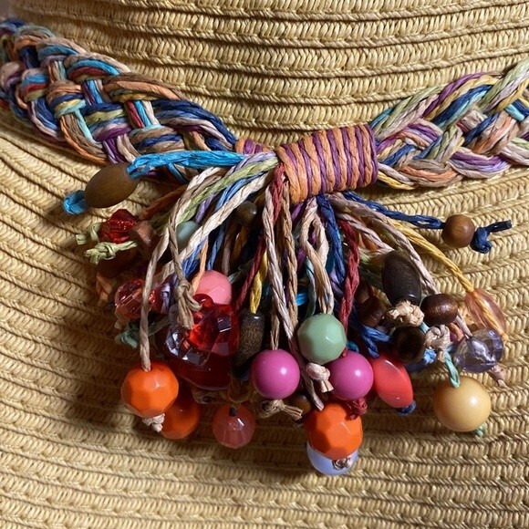 DP straw Sun hat summer beach floppy beaded braided boho hippie - Picture 2 of 12